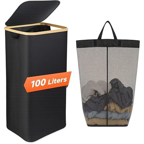 26 Gall/100L Foldable Laundry Hamper with Lid & Collapsible Basket - Clothes Hampers for Laundry with Bamboo Handles and A Removable Bag, Portable Clothes Organizer for Home, Dorm, Travel, Black