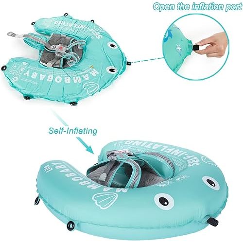 Mambobaby Float Self-Inflating Baby Pool Float Compressible Pool Swim Float Infant Soft Solid Swimming Trainer Baby Float with Removable UPF 50+ UV Sun Protection Canopy, Green