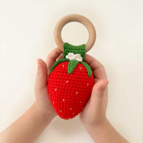 Crochet Strawberry Baby Rattle: Organic Stuffed Toy