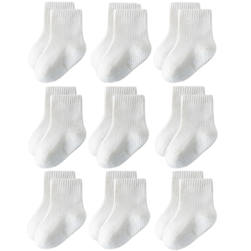 Toddler Grip Socks Non Slip Crew Socks Socks for Baby Boys Girls | Cute Seamless Cotton Socks 9 Pairs
