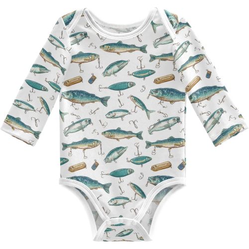 Plaaee Baby Cotton Bodysuits Fish Fishing Lures Long Sleeve Romper 3-24M