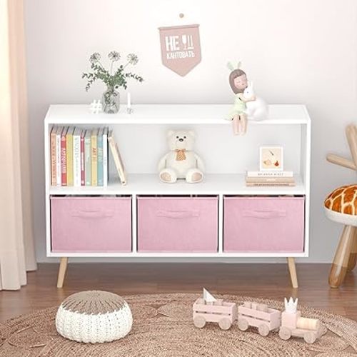 Kids Bookcase and Bookshelf, Multi Shelf Cubby with 3 Collapsible Fabric Drawers, Children's Book and Toy Display Rack, Toy Storage Organizer for Bedroom, Playroom, Hallway, White + Pink