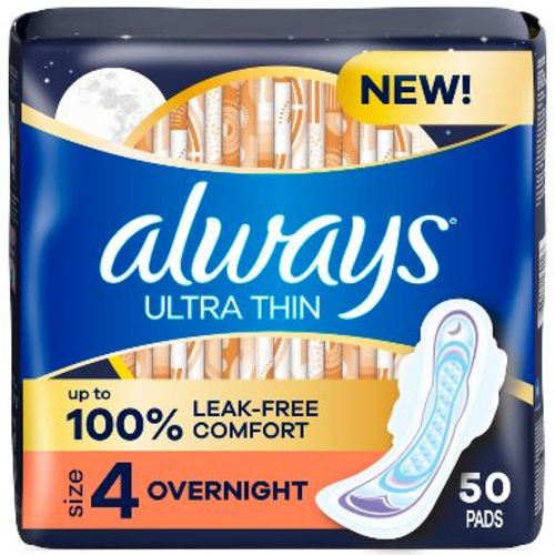 Always Ultra Thin Overnight Absorbency Unscented Pads with Wings - Size 4 - 50ct