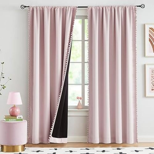 Pink Blackout-Curtains for Bedroom Pom Pom Thermal Insulated 100% Full Blackout Curtain Panels for Girls Baby Nursery Room 90 inch Energy Efficient Window Drapes for Kids 52" w x2 Panels Rod Pocket