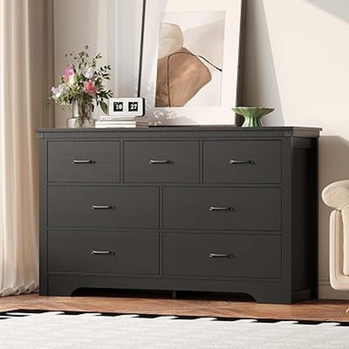 7 Drawers Dresser for Bedroom, 52" Wide Modern Storage Organizer, Wood Tabletop TV Stand for Living Room, Guest Room, Closet, Entryway, and Nursery, Black