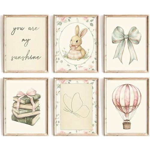 Vintage Nursery Wall Art Baby Girl Room Canvas Wall Decor Pink Flower Bunny Pictures Nursery Bow Art Prints Girl Butterfly Poster Vintage Floral Artwork for Children Bedroom 8x10 Inch Unframed 6pcs