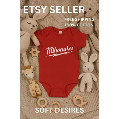 Milwaukee Tool Inspired Baby Bodysuit: Retro Lightning Bolt Cotton Romper