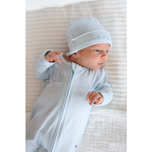 Picot Trim Bamboo Zipper Footie in Baby Blue | Caden Lane
