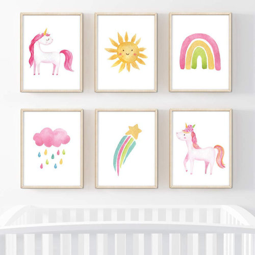 Harriet Bee Darleene Fun Unicorn Rainbow Sun Shooting Stars 6-Piece Set Paper Print & Reviews | Wayfair