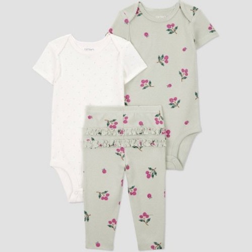 Carter's Just One You® Baby Girls' 3pc Raspberry Fruit Printed Bodysuit Set - Green 6M