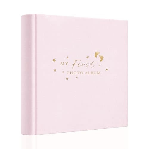 Holoary Baby Photo Album 4x6 100 Photos with Writing Area, 100 Pockets 4x6 Picture Album, Linen Fabric Cover Picture Book for Photos, Baby Photo Albums Hot Stamping Cover(Pink)