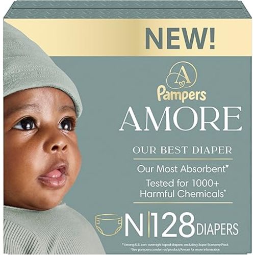Pampers Amore, Size 0 (up to 10 lbs), 128 Count, Our Best Diaper – Hypoallergenic & Fragrance Free, Up to 100% Leakproof, Soft as Cashmere