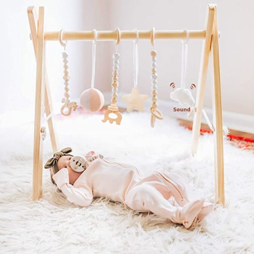 funny supply Wooden Baby Gym with 6 Gym Toys Foldable Baby Play Gym Frame Activity Center Hanging Bar Newborn Gift - Wooden Play Gym
