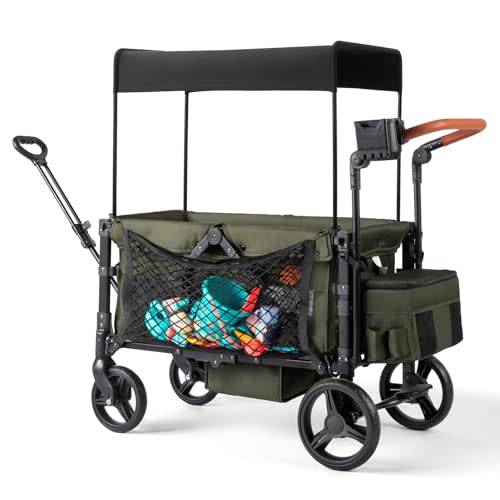 Stroller Wagon for 2 Kids with Footwell, Foldable All-Terrain Wagon Stroller with Adjustable Push/Pull Handle, Canopy, Parent Organizer, 5-Point Harness, Ideal for Travel & Outdoor Adventures (Green)