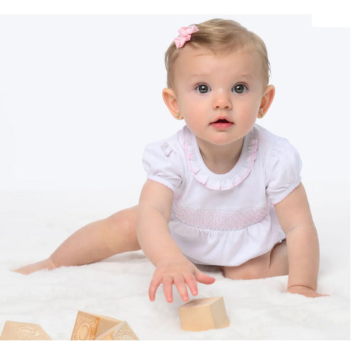 Baby Girl Smocked Bubble - Magnolia Baby Pima Cotton - White with Pink Trim