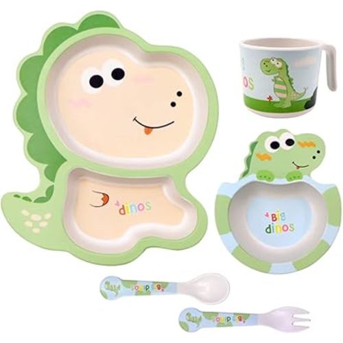 Bamboo Kids Dinnerware Set 5 Pcs Includes Plate Bowl Cup Fork Spoon Perfect for Kids BPA-Free (Little Dinosaur)