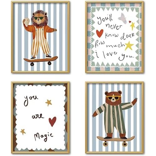TFKFJLF Funny Kids Nursery Wall Art Boy Decor, Vintage Skateboard Lion Bear Picture Poster, Retro Farmhouse Nursery Artwork for Living Room Bedroom Kids Room Set of 4, 8x10 Inches Unframed