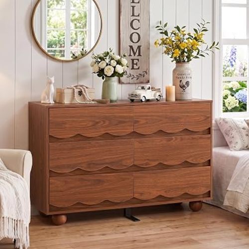 6 Drawer Dresser for Bedroom, 47.24" Wide Walnut Chest of Drawers with Wave Hidden Recessed Handles, Modern Wood Storage Dresser Cabinet for Living Room & Entryway