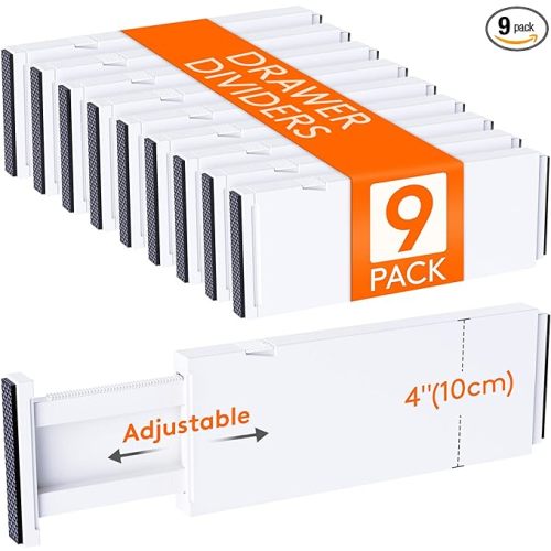 Lifewit 9 Pack Drawer Dividers 4" High, 11-17" Adjustable Drawer Organizers for Clothes, Expandable Dresser Separators in Bedroom/Bathroom/Kitchen/Fridge/Office Organization and Storage, White