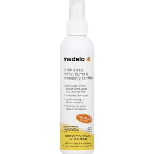 Medela Quick Clean Breast Pump and Accessory Sanitizer Spray Safe No Rinse Breastpump Sterilizer Eliminates 99.9 of Common Bacteria and Germs 8 Fluid Ounces, Clear