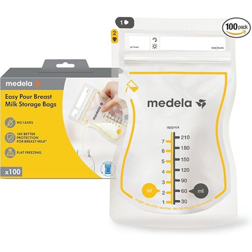 Medela Sacs de stockage jetables pour lait maternel à verser facilement, capacité de 210 ml/7 oz, conception anti-fuites avec protection du lait, fabriqués sans BPA, paquet de 100