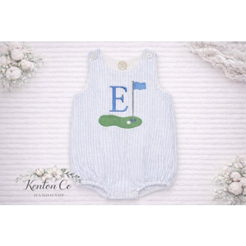 Personalized Baby Boy Seersucker Romper, Embroidered Golf Outfit