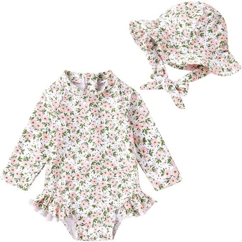 Infant Baby Girl Swimsuit One-Piece Long Sleeve Rash Guard with Hat Set Floral Zipper Bathing Suit Leopard Beach Wear