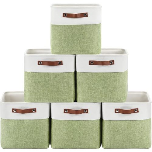 6-Pack Foldable Fabric Storage Cubes 11x11 Inch, Sturdy Cube Organizer Bins with Leather Handles, Storage Baskets for Closet Shelves and Home Organization(White/Green)