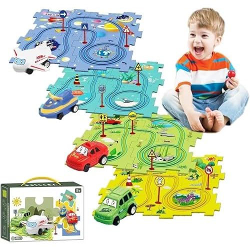 4 Sets 4in1 Puzzle Racer Kids Car Track Set,4 Theme Jigsaw Puzzle Racer Car Track Set Puzzle Track Car Play Set Puzzle Raceway Car Track Preschool Gifts for Kids Christmas Birthday Gift for Boys Girls