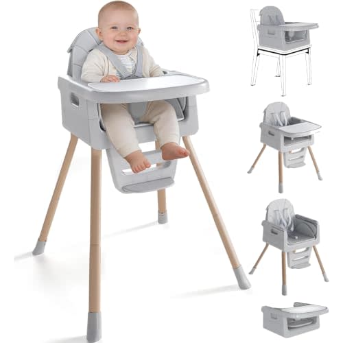 Baby High Chair for 6 Months+, Foldable High Chairs for Babies and Toddlers, Convertible High Chair, Adjustable Tray & Footrest, Portable High Chair & Easy to Clean(Grey with Wood Grain)