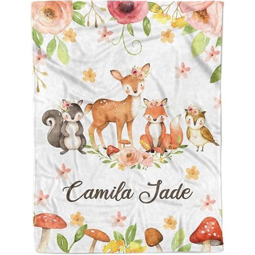 Arteaga Personalized Baby Blanket for Girls - Customized Woodland Animals Design, Super Soft Plush Fleece, 30''x40'' for Newborn, New Mom