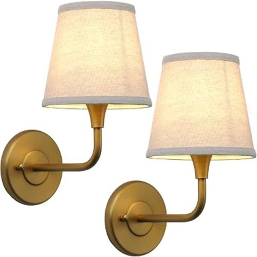 Phansthy Hardwired Brass Boho Wall Sconces Set of 2, Vintage Industrial Wall Lamps, Vanity Sconces Wall Lighting with Natural Fabric Shade for Bathroom Bedroom Living Room (Antique + Linen Shade)