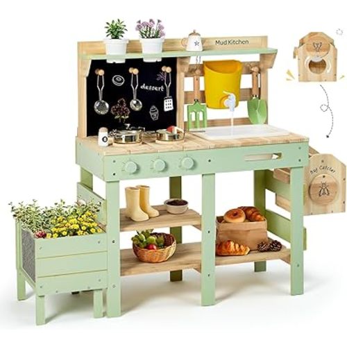 Frogprin Mud Kitchen for Kids, Outdoor Play Kitchen with Insect Observation Box & Planter Box, Kitchen Accessories, Gardening Tool Toy, Removable Sink Faucet, Wooden Pretend Kitchen for Boys Girls 3+