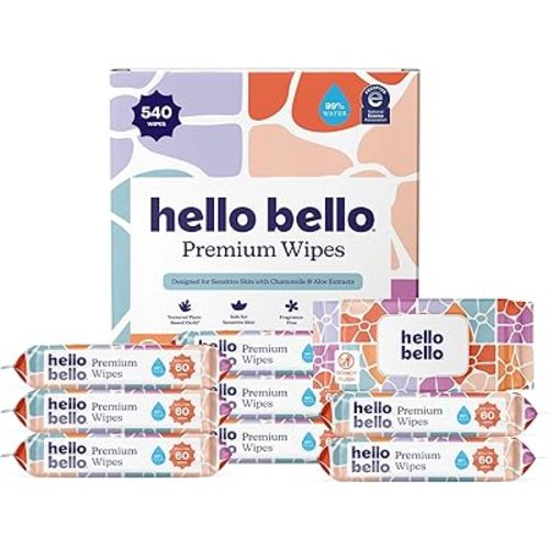 Hello Bello Premium Wipes, Designed for Sensitive Skin with Chamomile & Aloe Extracts, Flower Pop (9 Resealable Packets = 540 Total Wipes)