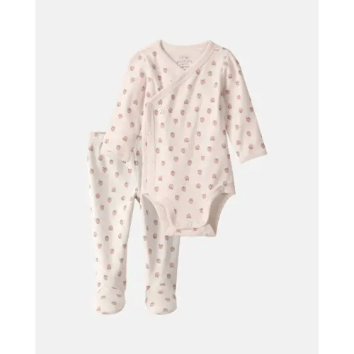 Baby Girl 2-Piece Organic Cotton Wrap Bodysuit & Pant Set in Strawberry Print - Little Planet | Carter's