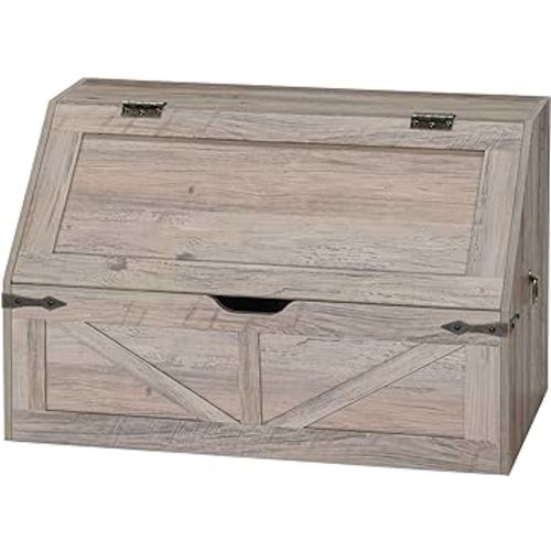 Storage Chest with Flip Top, Wooden Toy Storage Cabinet with Safety Hinge, Farmhouse Style Storage Trunk, Sloped Design, for Kids Room, Playroom, Bedroom, Living Room, Greige BG175CW01