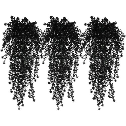 Black Hanging Flowers Faux Hanging Plants Black Artificial Hanging Plant Fake Greenery Faux UV Resistant Hanging Vines Plant for Indoor Outdoor Wedding Halloween Party Fall Wall Room Door Decor