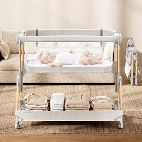 ANGELBLISS Baby Bassinet, 3-in-1 Bedside Sleeper, One-Click Foldable Crib (Light Grey)