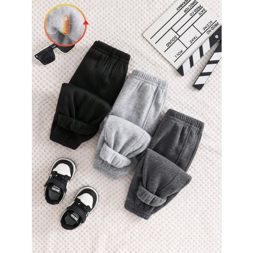 SHEIN 3pcs Baby Boy Casual Solid Color Elastic Waist Knit Pants,Unisex Joggers,All-Match Long Winter Clothes Fall Sweatpants Bottoms