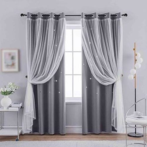 Anytime 2 Panels Star Blackout Curtains for Girls Kids Baby Bedroom Window Curtain Double Layer Star Cut Out Living Room Decor Wall Home Decorations Curtain(W52 x L63,Grey)