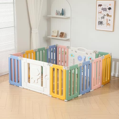 Bestgame Baby Play Pen, Foldable Play Pens for Babies and Toddlers, 14 Panels Extra Large Baby Playpen, Astronauts Portable Fence, Kids Gate Playpen Yard - Colorful