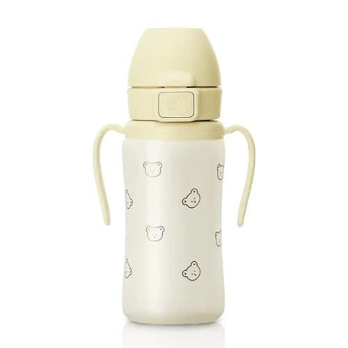 GROSMIMI Insulated 316 Stainless Steel Spill Proof Straw Cup, Water bottle with Flip Top for Toddlers, BPA Free (bear, 10oz)