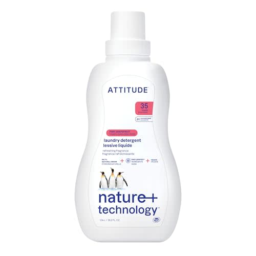ATTITUDE Liquid Laundry Detergent, EWG Verified, Pink Grapefruit, 35 Loads | Removes Stains & Odors, HE & Standard Washers, Cold Water Effective, 98% Naturally Derived, Vegan & Cruelty-Free, Dye-Free