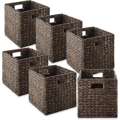 Casafield 10.5" x 10.5" Water Hyacinth Storage Baskets, Espresso - Set of 6 Collapsible Cube Organizers, Woven Bins for Bathroom, Bedroom, Laundry, Pantry, Shelves
