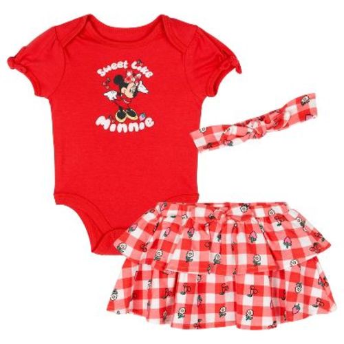 Disney Minnie Mouse Newborn Baby Girls Bodysuit, Ruffle Skirt and Headband 3 Piece Outfit Set Gingham Cherry Red 0-3 Months