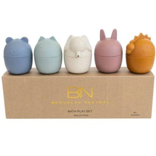 Brooklyn Neutral | Neutral Non Toxic, Silicone Bath Toys-5 Pack Animal Bathtub and Water Toys for Babies and Toddlers