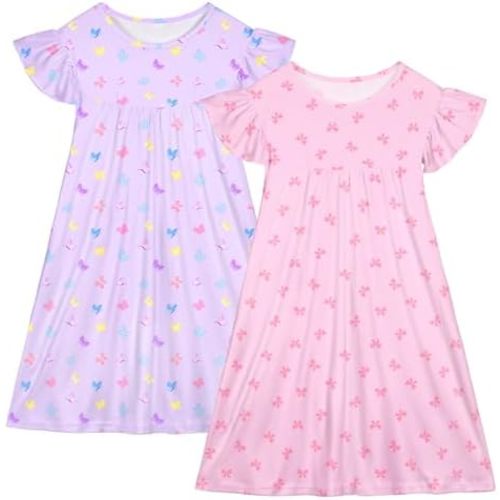 ICOSY 2PCS Girls Nightgowns Toddler Girl Pajamas Flutter Short Sleeve Princess Dress Sleepwear for Girls