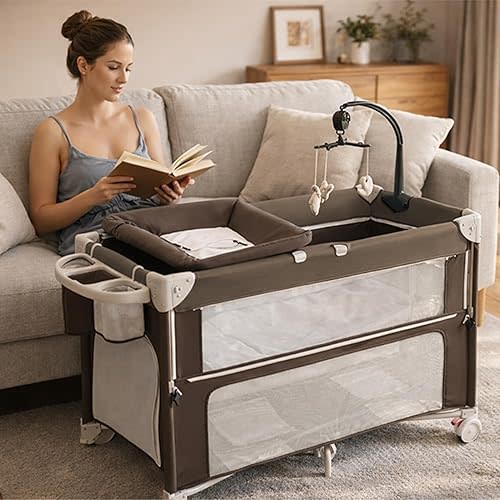 5-in-1 Pack and Play, Foldable Baby Bassinet Bedside Sleeper,One-Push Bedside Crib with Playard, Includes Mattress, Changing Table, Mosquito Net, Music Toy & Storage for Newborn to Toddler(Chocolate)