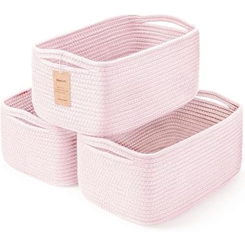 3-Pack Storage Baskets for Organizing | Woven Shelf Toy Basket | Rope Baskets for Gifts Empty | Closet Organizer Bins with Handles | Cube Decorative Box | 13.7×7.1×6.7” | Mixed Pink