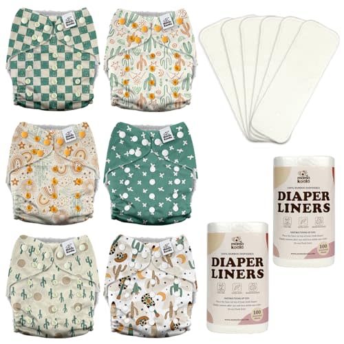 Mama Koala 3.0 Baby Cloth Diapers with 6 Inserts Bundle, with 2 Rolls Disposable Natural Liners